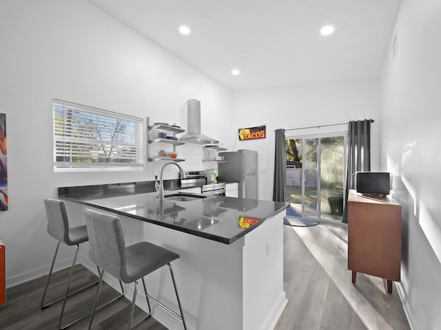 kitchen featuring a kitchen bar, sink, island range hood, kitchen peninsula, and stainless steel appliances