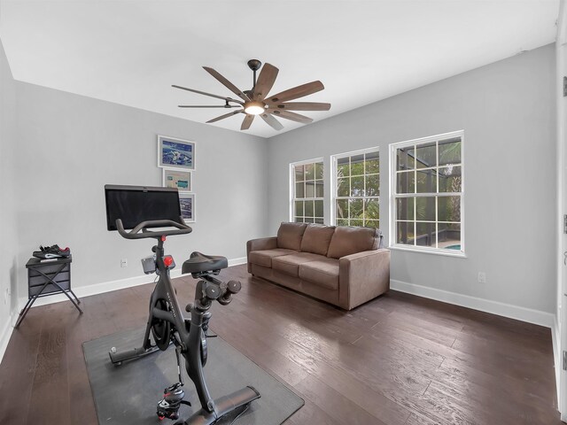 306 Marsh Point Cir, Saint Augustine, FL 32080 - exercise area featuring a ceiling fan and dark wood-type flooring