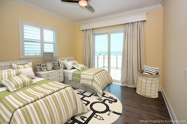 bedroom with access to exterior, multiple windows, crown molding, and a water view