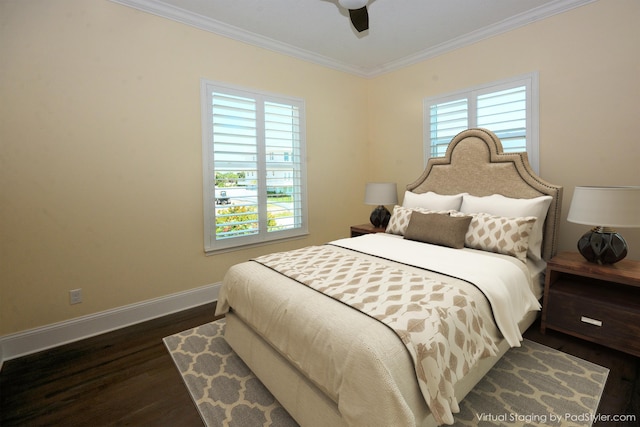 bedroom featuring crown molding, multiple windows, and ceiling fan