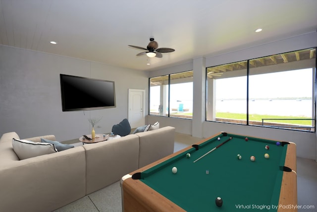 recreation room with ceiling fan and billiards