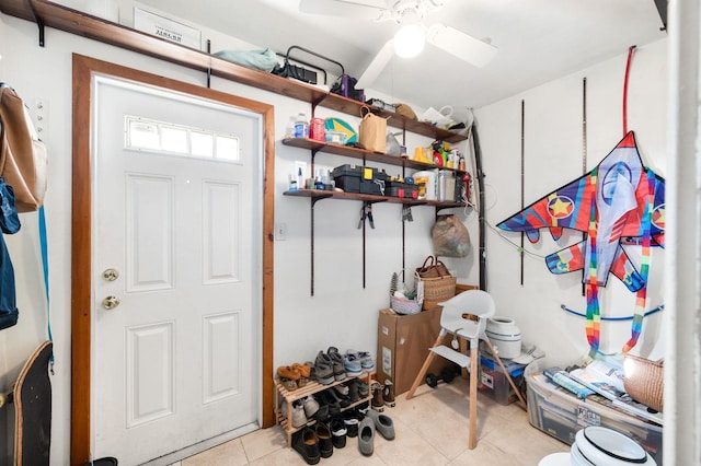 storage room featuring a ceiling fan