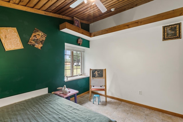 unfurnished bedroom featuring a ceiling fan, tile patterned flooring, wood ceiling, and baseboards