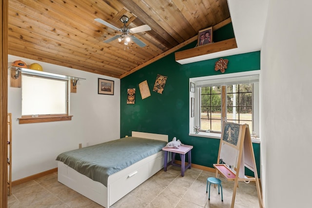 bedroom featuring lofted ceiling, wood ceiling, ceiling fan, and baseboards