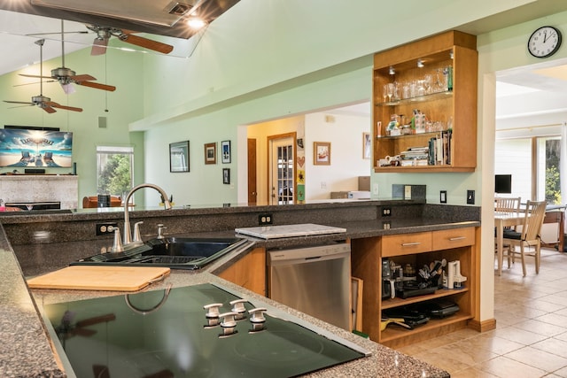 kitchen with open shelves, stainless steel dishwasher, light tile patterned flooring, and a sink