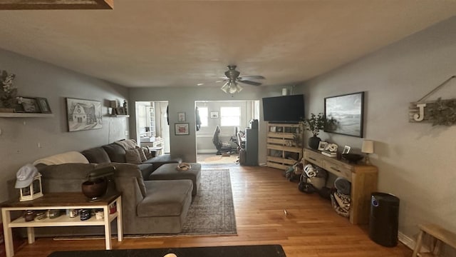 4208 Vermont Blvd, Elkton, FL 32033 - living room with wood finished floors, ceiling fan, and baseboards