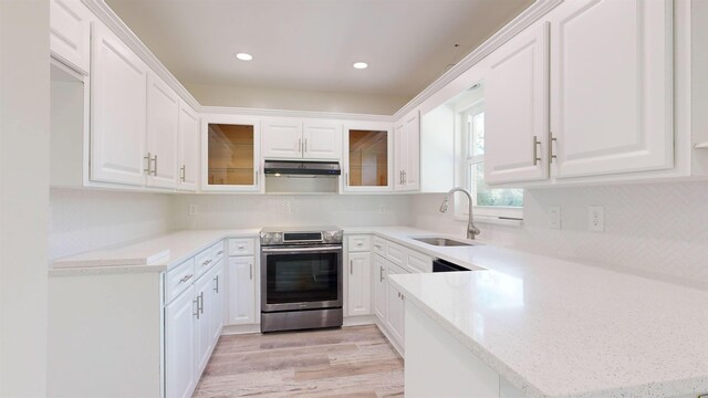 kitchen with kitchen peninsula, stainless steel electric stove, sink, light hardwood / wood-style floors, and white cabinetry