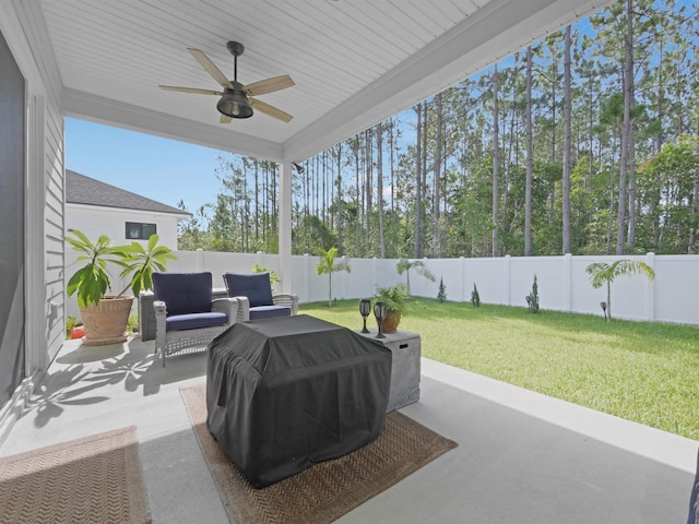 view of patio / terrace with an outdoor hangout area, area for grilling, and ceiling fan