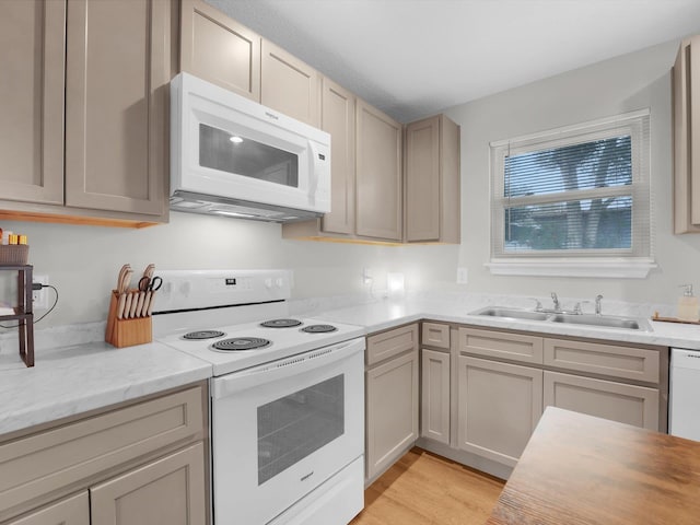 kitchen with sink, light stone counters, white appliances, and light hardwood / wood-style flooring