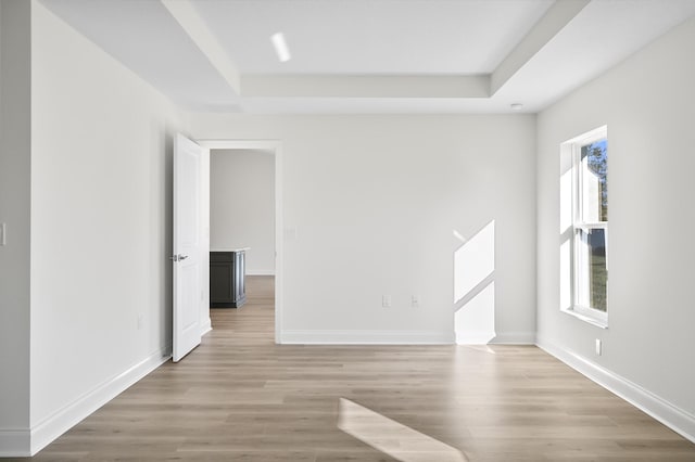 unfurnished room with light hardwood / wood-style floors and a raised ceiling