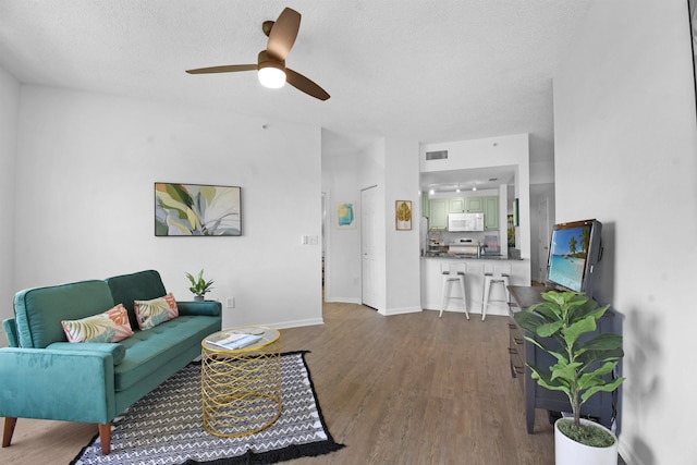 4020 Grande Vista Blvd Unit 204, Saint Augustine, FL 32084 - living room with wood finished floors, ceiling fan, baseboards, and a textured ceiling