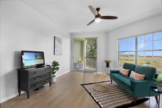 4020 Grande Vista Blvd Unit 204, Saint Augustine, FL 32084 - living area featuring ceiling fan, a textured ceiling, baseboards, and wood finished floors