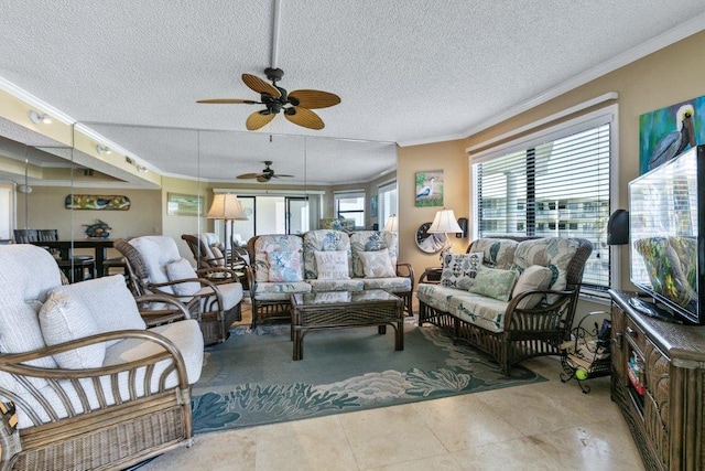 4670 A1A S Unit 1309, Saint Augustine, FL 32080 - tiled living area with crown molding, a textured ceiling, and ceiling fan