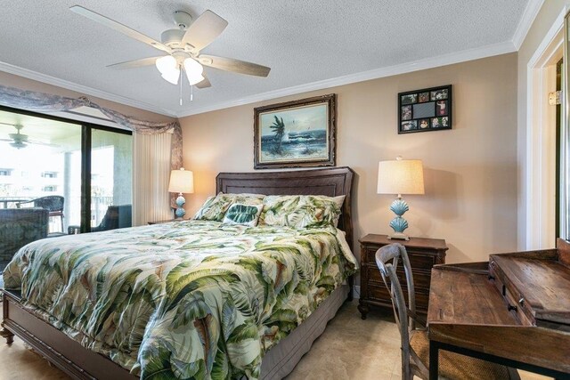 4670 A1A S Unit 1309, Saint Augustine, FL 32080 - bedroom featuring access to outside, a ceiling fan, ornamental molding, and a textured ceiling