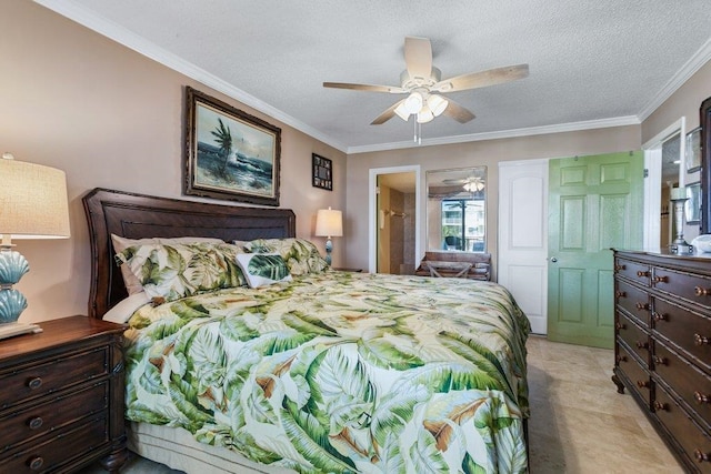 4670 A1A S Unit 1309, Saint Augustine, FL 32080 - bedroom with a ceiling fan, ornamental molding, and a textured ceiling