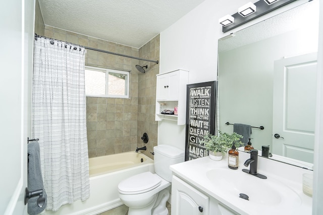 full bathroom featuring vanity, a textured ceiling, toilet, and shower / bath combo with shower curtain