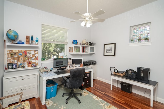 home office featuring ceiling fan and dark hardwood / wood-style floors