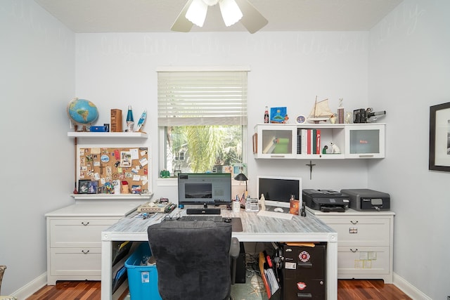 office space featuring hardwood / wood-style floors and ceiling fan