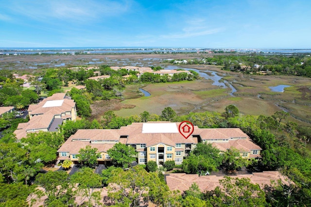 drone / aerial view with a water view