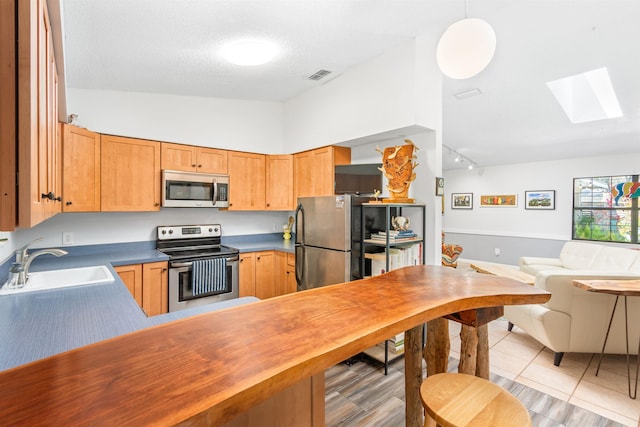 kitchen with a skylight, light tile patterned floors, appliances with stainless steel finishes, open floor plan, and a sink