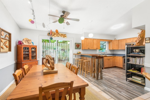 dining area featuring a healthy amount of sunlight, rail lighting, light wood-style flooring, and a ceiling fan