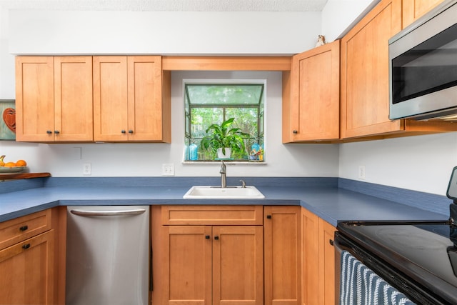 kitchen with appliances with stainless steel finishes, dark countertops, and a sink