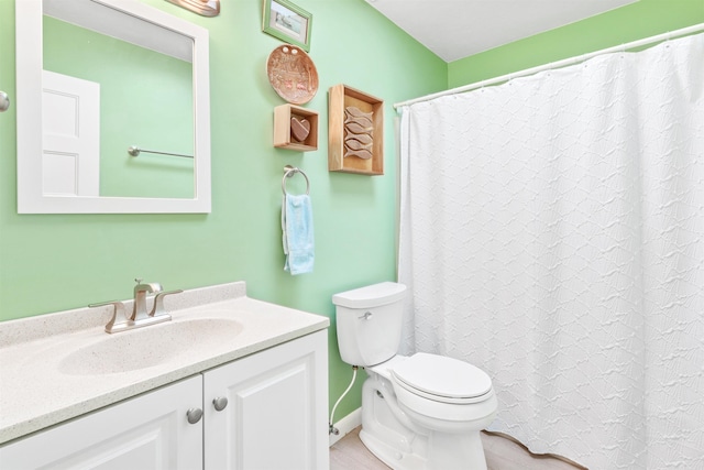 full bathroom featuring a shower with curtain, vanity, and toilet