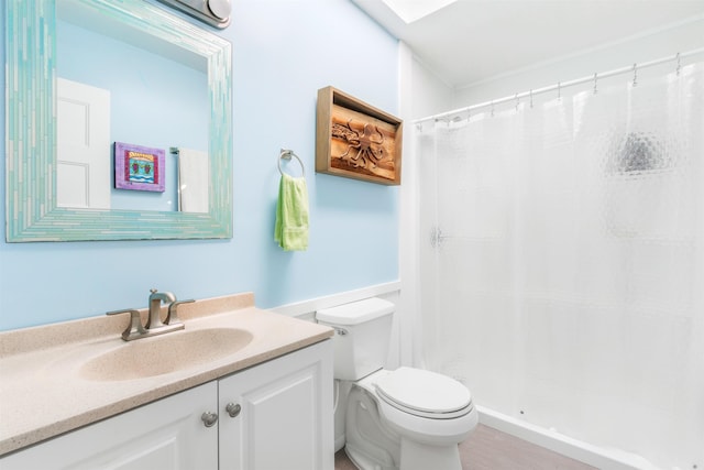 full bathroom featuring a shower with curtain, vanity, and toilet