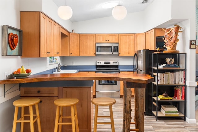 kitchen featuring a peninsula, dark countertops, stainless steel appliances, and a sink