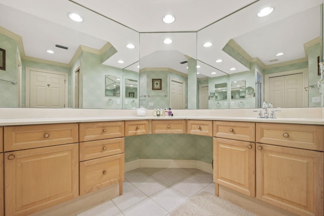 full bathroom featuring tile patterned flooring, recessed lighting, vanity, a closet, and crown molding