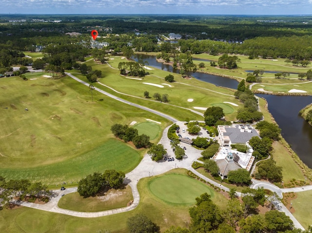 birds eye view of property featuring a water view and golf course view