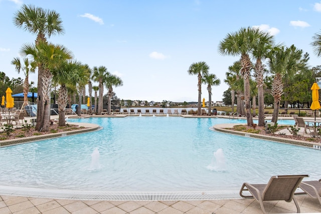 view of pool featuring pool water feature