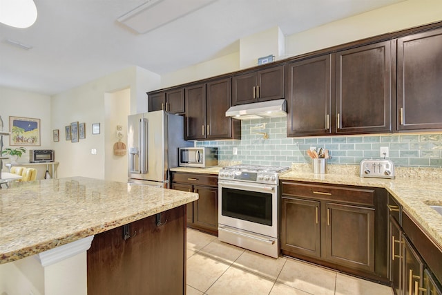 kitchen with light stone counters, stainless steel appliances, tasteful backsplash, dark brown cabinets, and under cabinet range hood