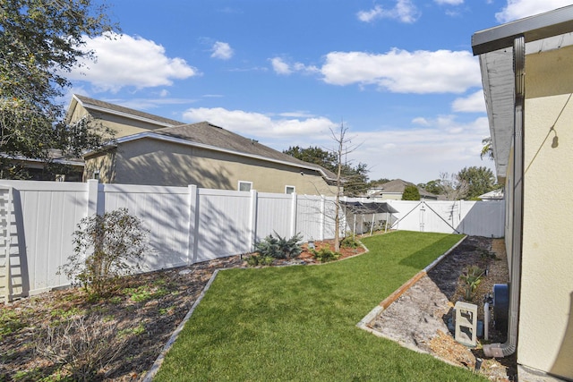 view of yard featuring a fenced backyard and a gate