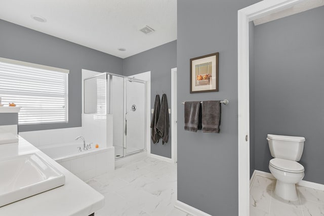 full bathroom with a sink, visible vents, baseboards, marble finish floor, and a stall shower