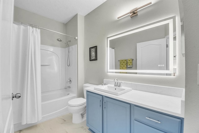 bathroom featuring a textured ceiling, toilet, shower / tub combo, vanity, and marble finish floor