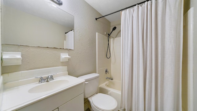 full bathroom with vanity, toilet, a textured ceiling, and shower / tub combo with curtain