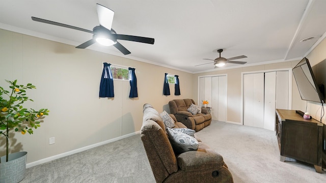 living room featuring light colored carpet and crown molding