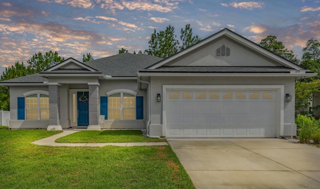 279 Spring Creek Way, Saint Augustine, FL 32095 - ranch-style home with roof with shingles, concrete driveway, a front yard, and stucco siding