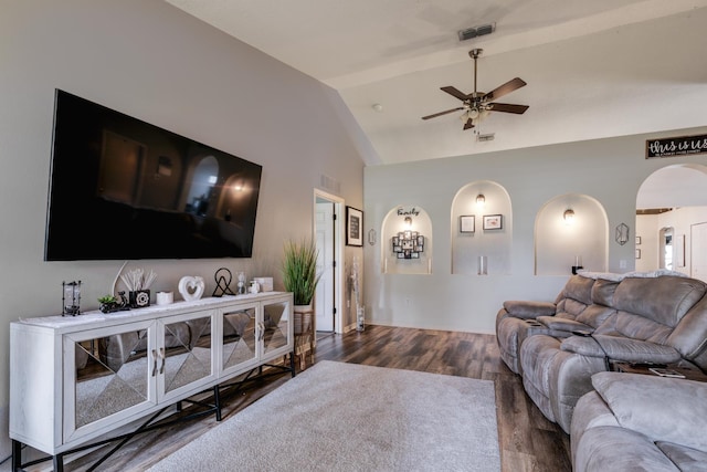 3010 SE 46th Ave, Ocala, FL 34480 - living area with arched walkways, ceiling fan, lofted ceiling, and wood finished floors