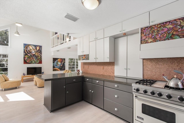 kitchen featuring light hardwood / wood-style floors, white cabinets, decorative backsplash, range with gas cooktop, and kitchen peninsula