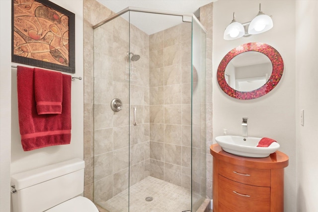 bathroom with vanity, a shower with shower door, and toilet