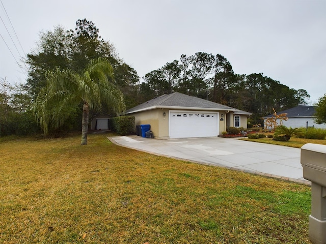 ranch-style home with a garage and a front yard