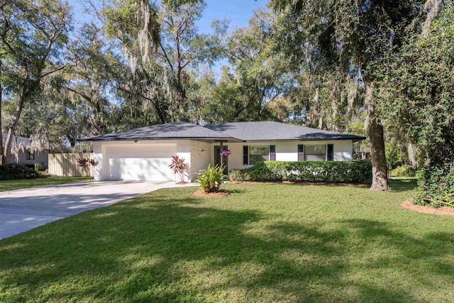 single story home featuring stucco siding, concrete driveway, an attached garage, fence, and a front lawn