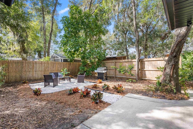 view of yard with a fenced backyard and a patio