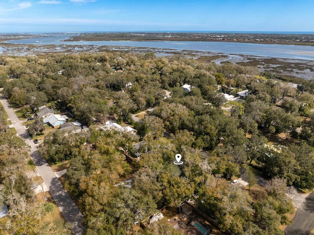 drone / aerial view with a water view and a forest view