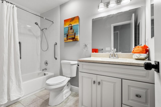 full bathroom with tile patterned flooring, toilet, vanity, baseboards, and shower / bathtub combination with curtain