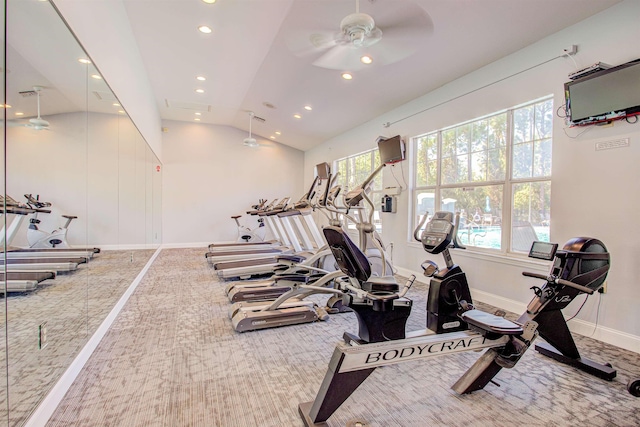 21201 Harbour Vista Cir, Saint Augustine, FL 32080 - gym with recessed lighting, a ceiling fan, healthy amount of natural light, lofted ceiling, and carpet floors