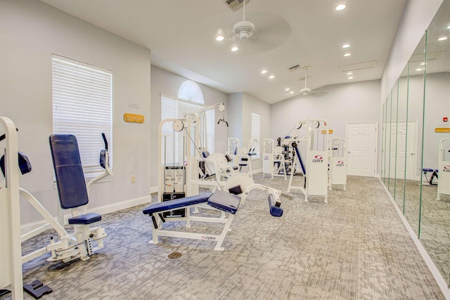 21201 Harbour Vista Cir, Saint Augustine, FL 32080 - workout area with carpet flooring, ceiling fan, recessed lighting, and lofted ceiling