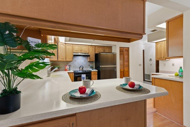 36 Lee Dr, Saint Augustine, FL 32080 - kitchen featuring black appliances, under cabinet range hood, a sink, backsplash, and light countertops